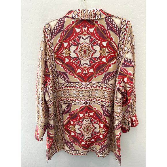 TALBOTS | Silk Linen Blend Boho Medallion Print Lightweight Tunic Blouse | 18W - Picture 4 of 6